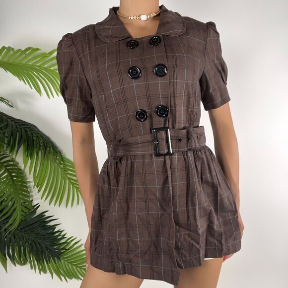 Y2K Charlotte Russe Brown Plaid Double Breasted Short Sleeve Belted Blouse Small - Picture 3 of 6